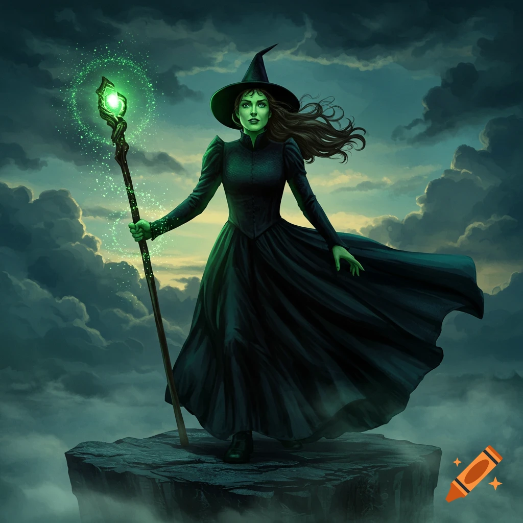 A green-skinned witch in a black dress and hat stands on a rocky outcrop, holding a glowing green staff under a stormy sky, in an illustration.