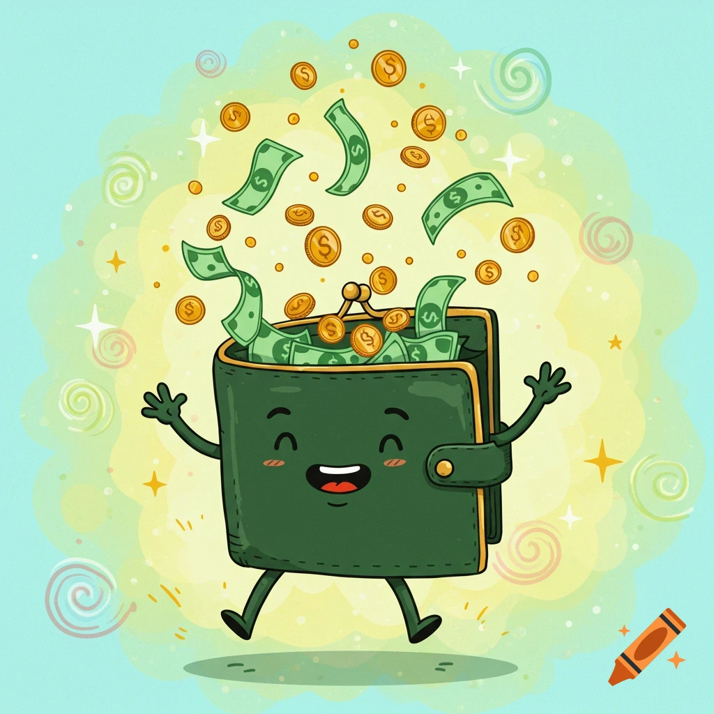 A happy, green cartoon wallet with arms and legs, smiling as dollar bills and gold coins fly out against a pastel background.