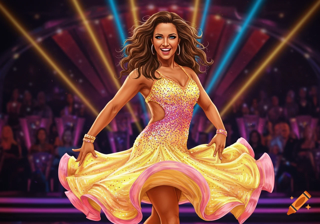 A smiling woman with brown hair in a sparkling yellow and pink dance dress, posing on a vibrant stage under spotlights, illustration.