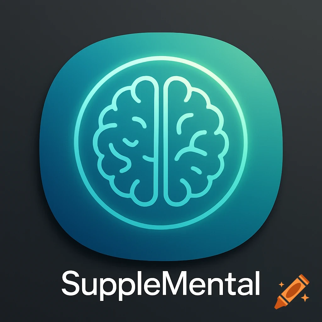 A minimalist app icon featuring a glowing blue brain outline within a teal and blue oval, with 'SuppleMental' text below.