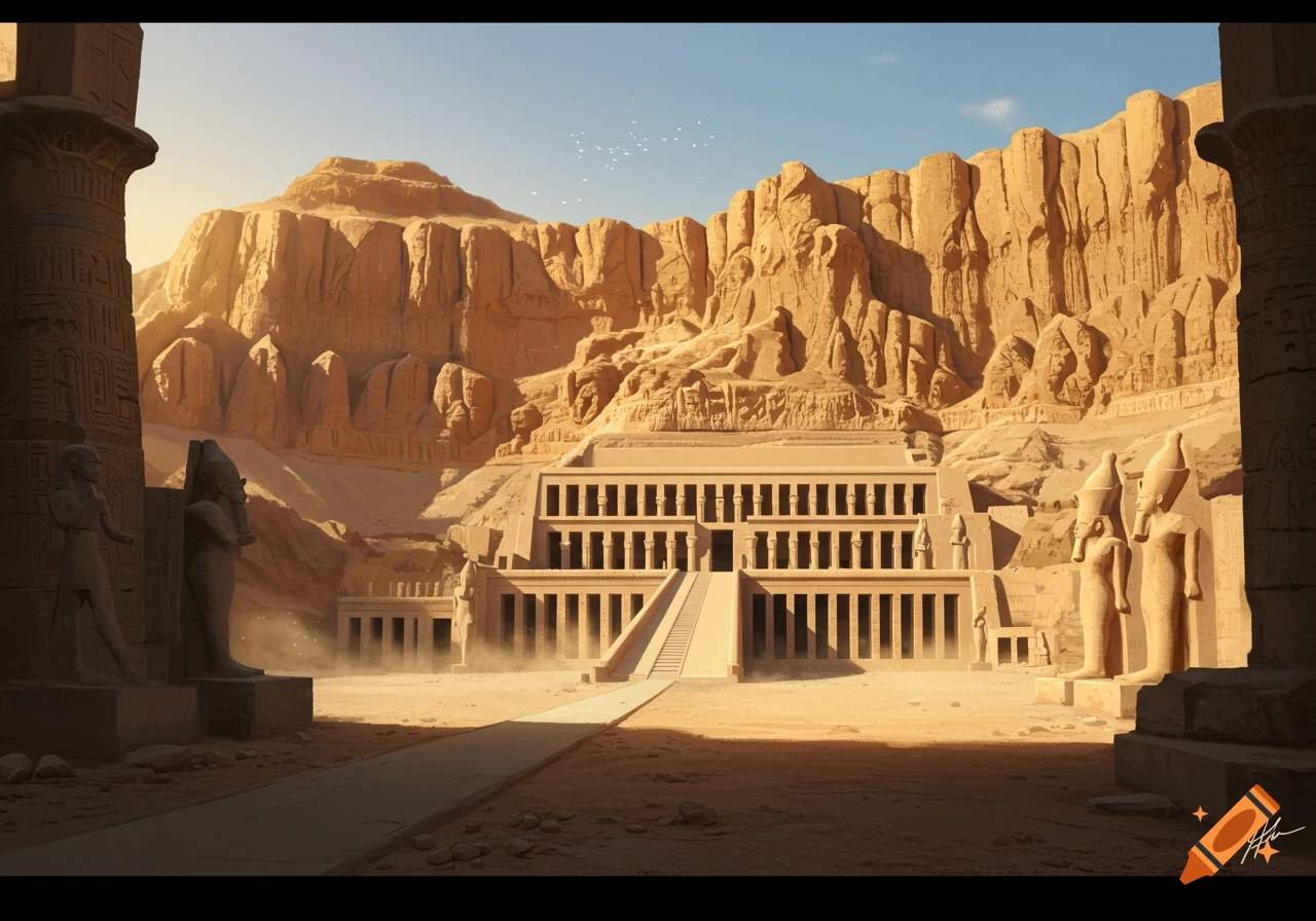 Digital painting of the ancient Egyptian temple of Deir el-Bahari, bathed in sunlight against desert cliffs, with a path leading to it.