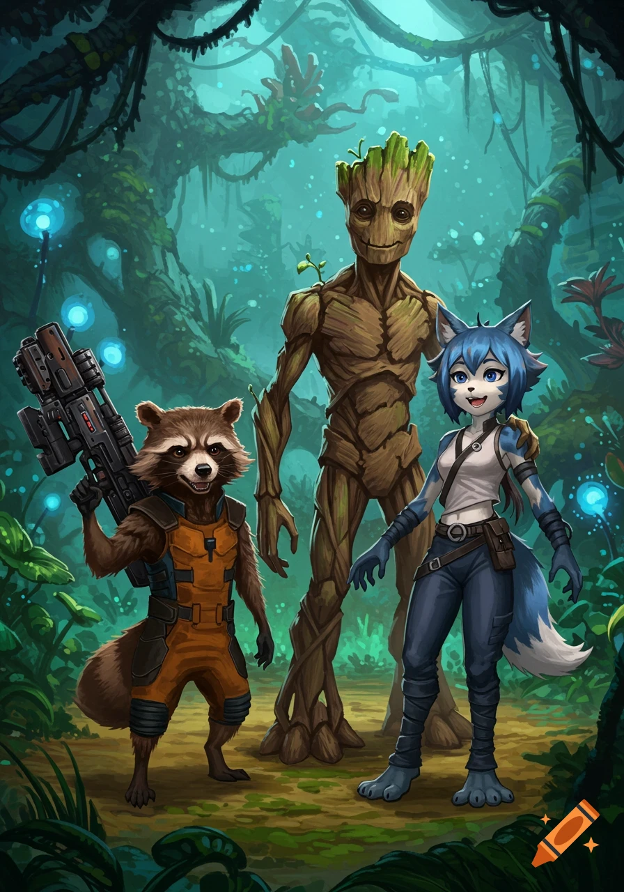 Rocket Raccoon holding a gun, Groot, and Michiru Kagemori in a lush, glowing jungle, anime art style.