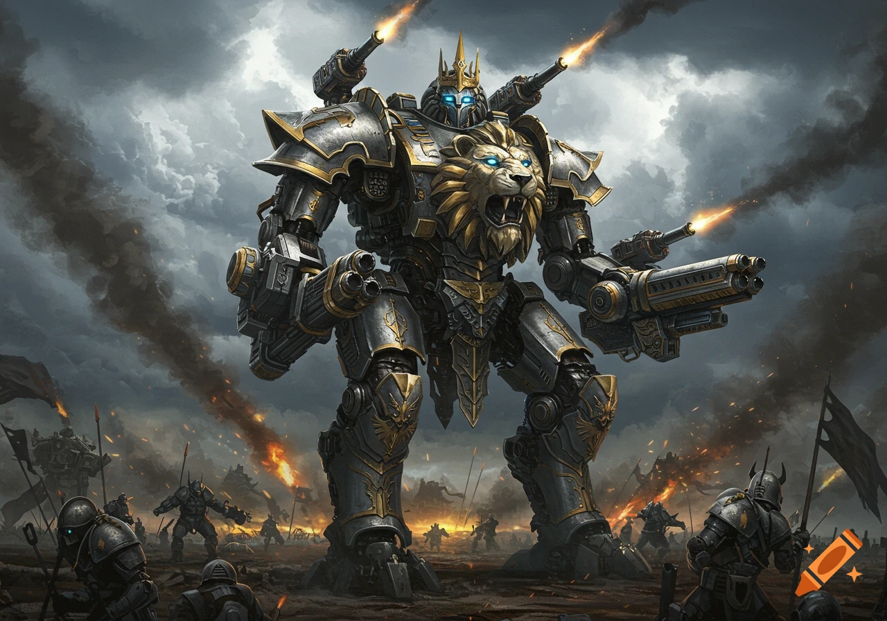 A colossal armored robot with a lion's head and multiple cannons fires rockets on a smokey battlefield filled with smaller armored warriors.
