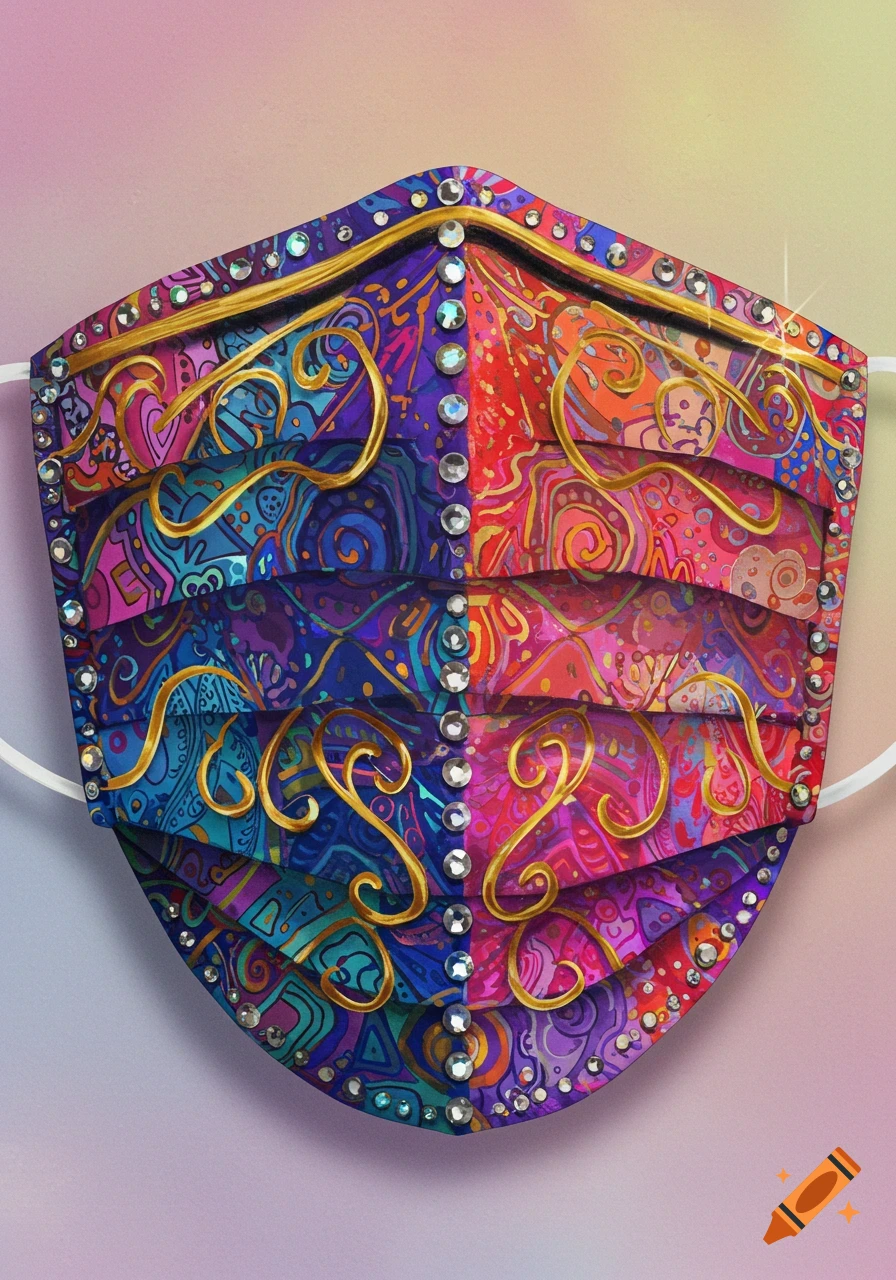 A vibrant, ornate face mask adorned with colorful abstract patterns, shimmering gold swirls, and sparkling rhinestones.