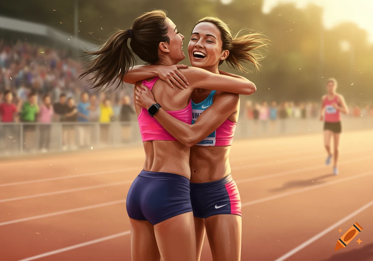 Two smiling female runners in sports bras and shorts embrace on a track, with a blurry crowd in the background and another runner in the distance. Photorealistic style.