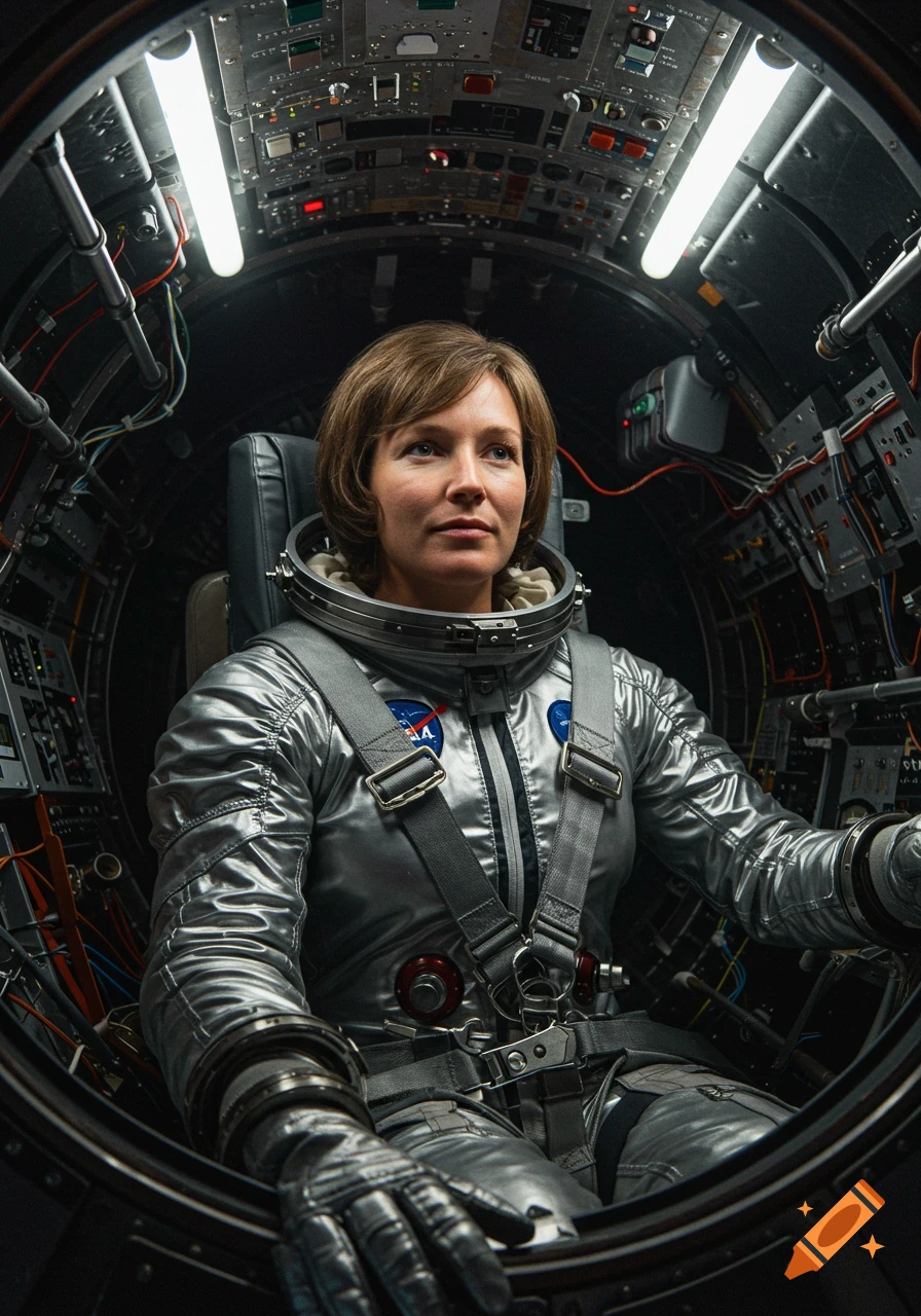 Photorealistic portrait of a woman in a silver Mercury spacesuit, strapped into a dimly lit space capsule with control panels.