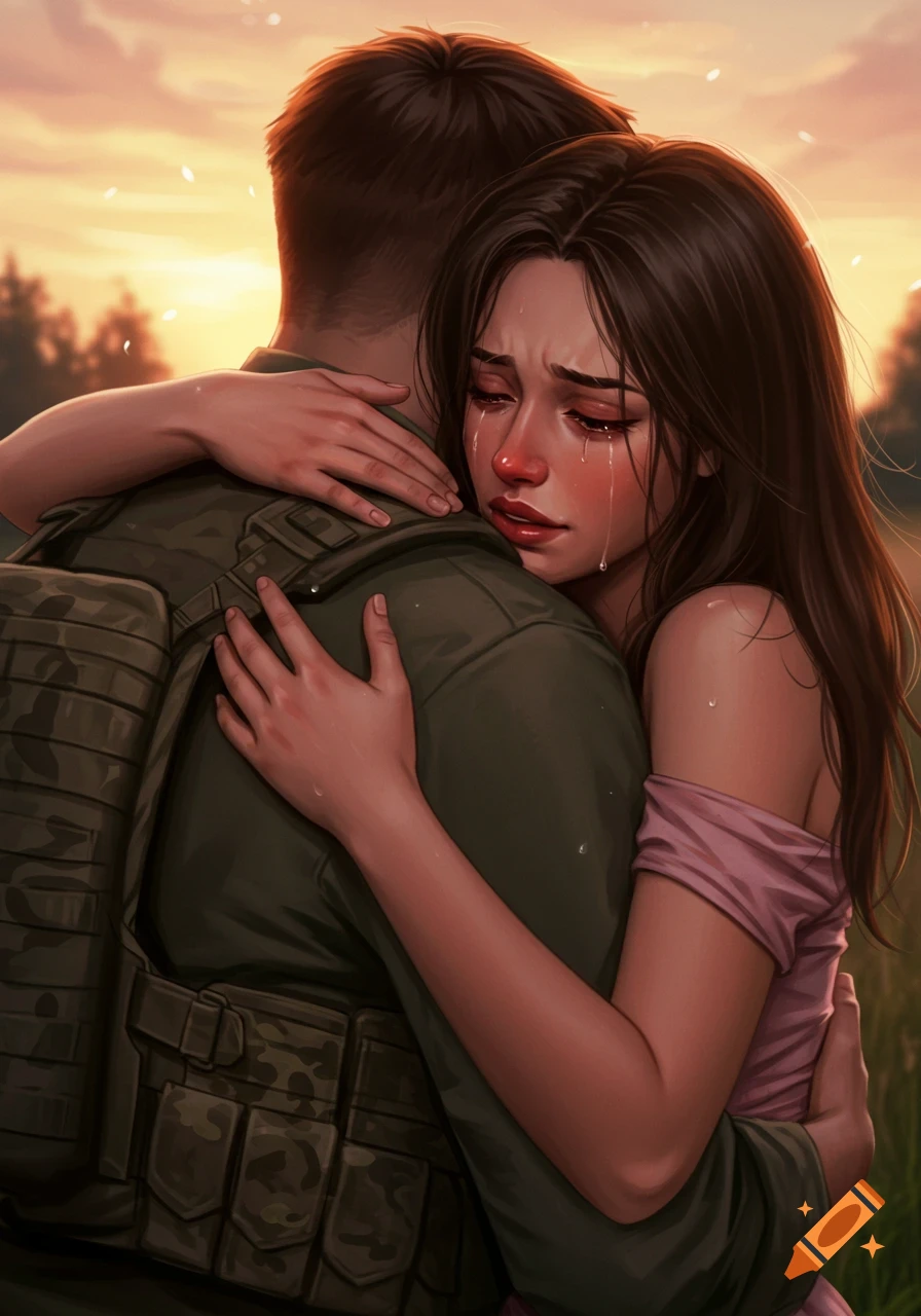 Digital illustration of a crying woman with long dark hair embracing a soldier in uniform at sunset.