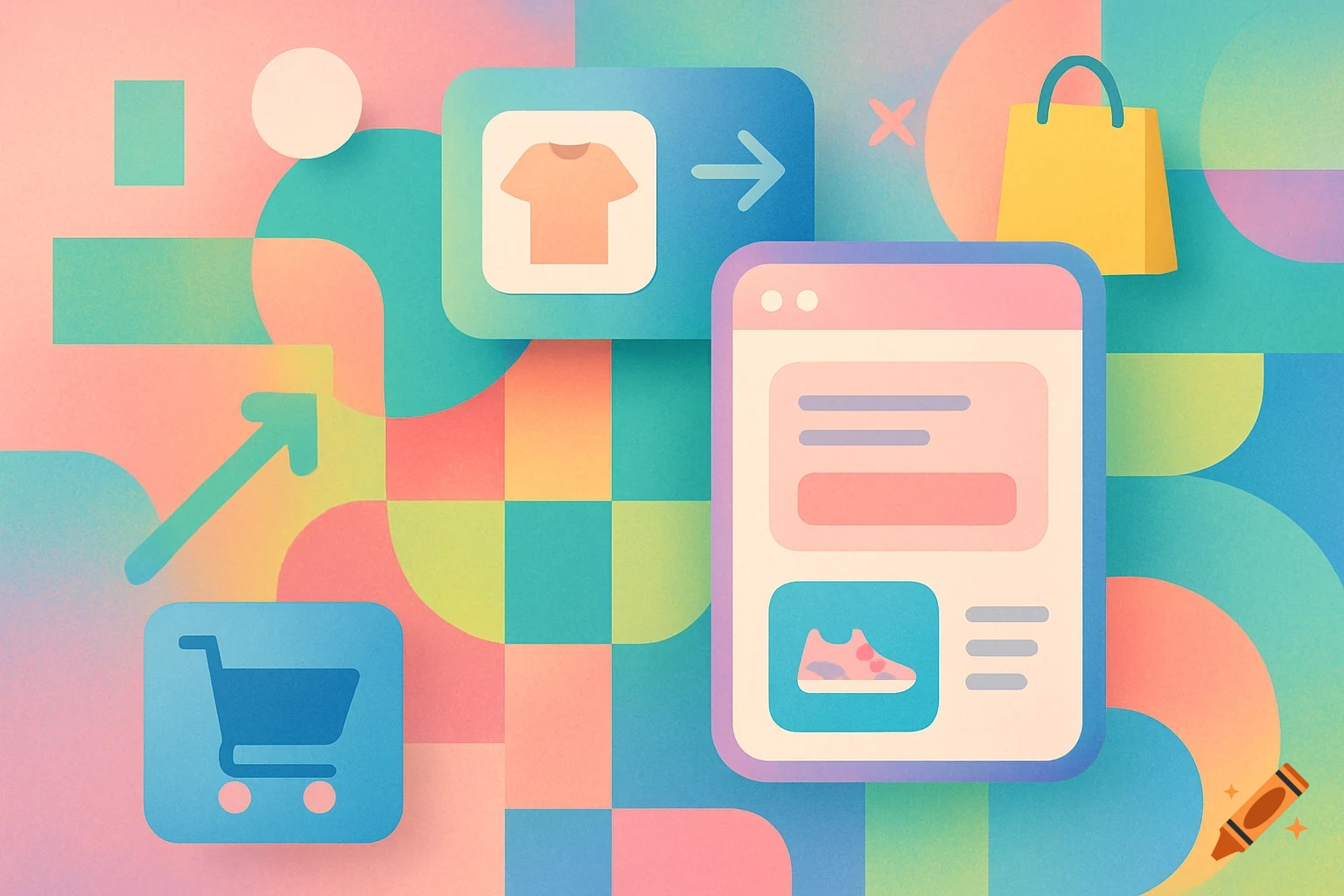 Abstract digital illustration of e-commerce concepts with shopping cart, T-shirt, shopping bag, and web UI elements on a colorful geometric background.