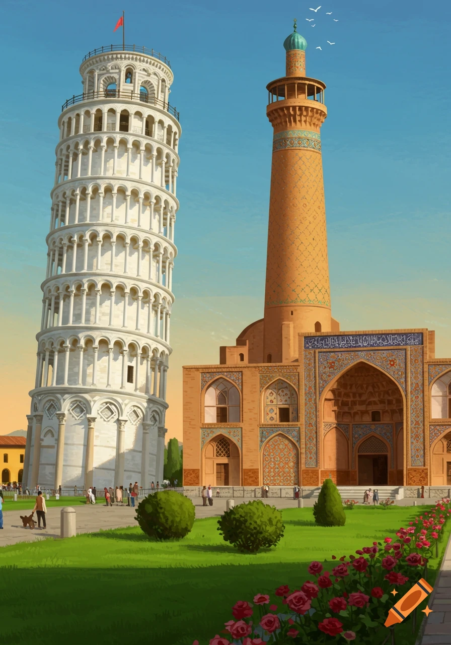 Illustrative image of the Leaning Tower of Pisa beside an ornate orange minaret and building, with green grass and red roses.