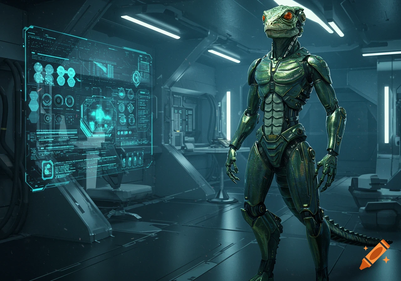 A photorealistic reptilian robot with green armor stands in a futuristic laboratory next to a glowing blue holographic display.