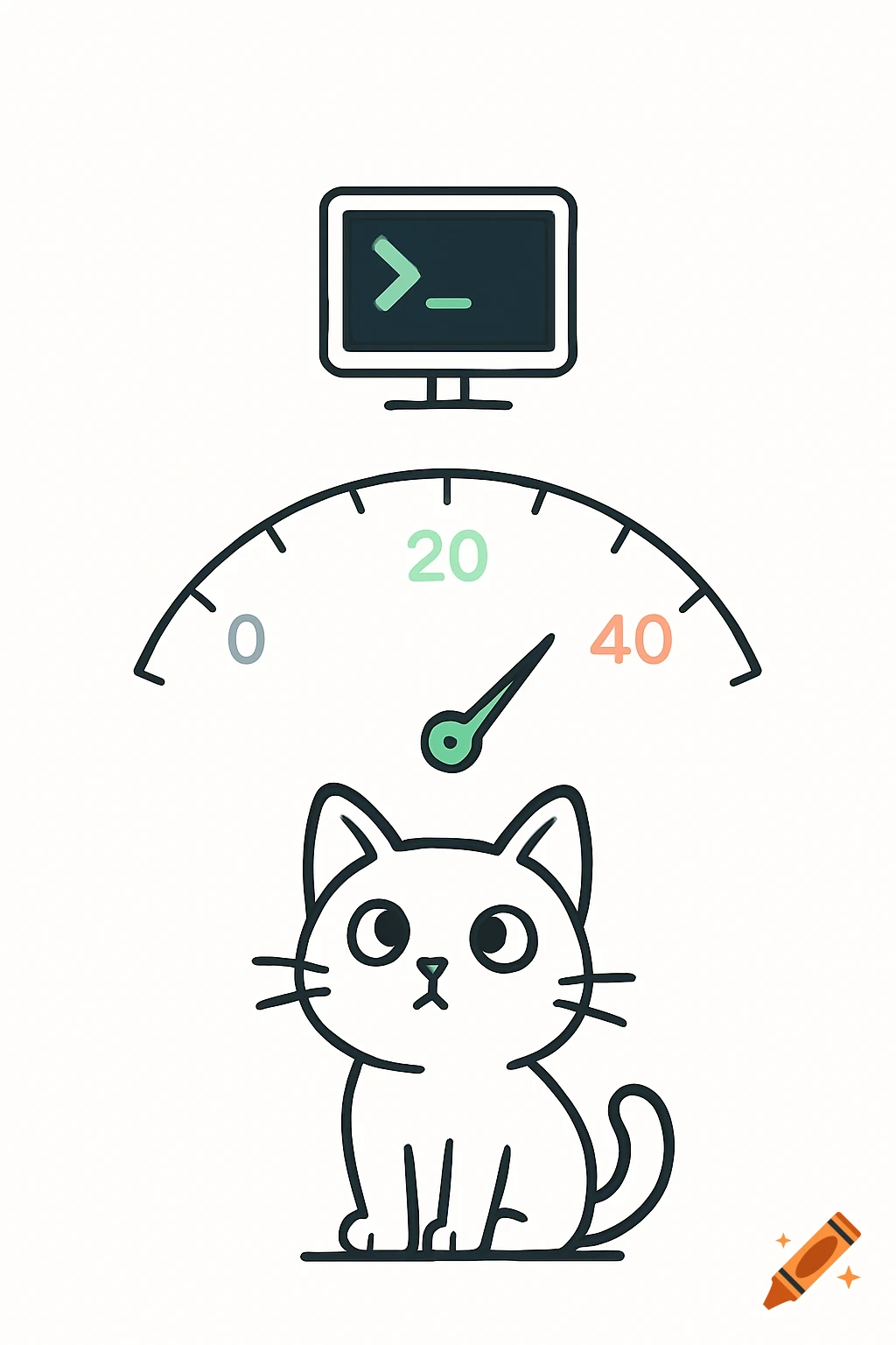 A minimalist illustration of a white cartoon cat looking up at a computer monitor and a speedometer.