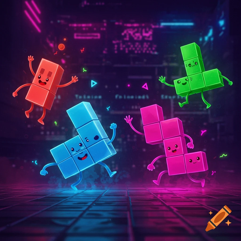 Anthropomorphic Tetris blocks in red, blue, pink, and green with faces and limbs dance on a neon-gridded floor.