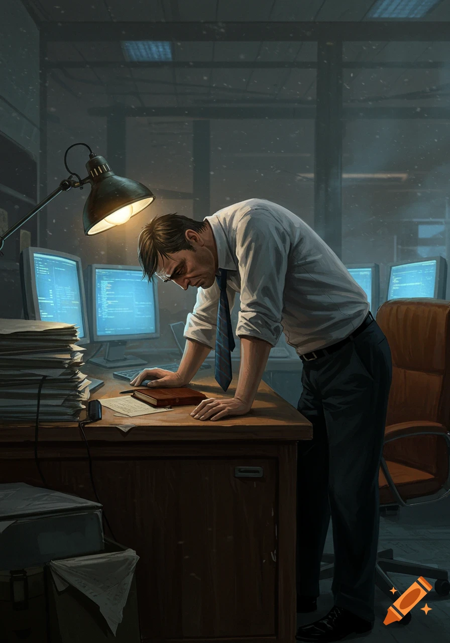 Illustration of a tired man in a white shirt and tie leaning on an office desk filled with papers and computer monitors, under a desk lamp.
