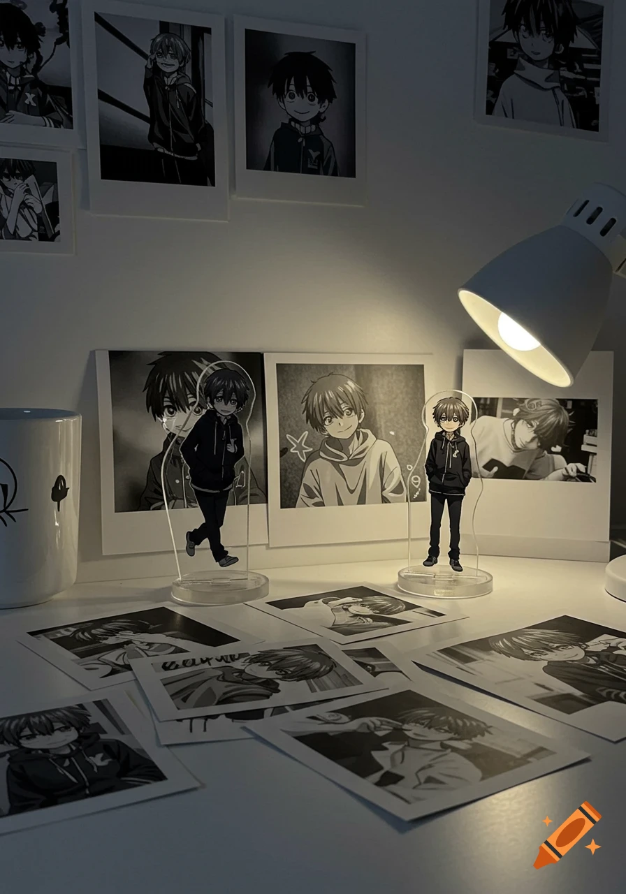 A dimly lit desk featuring monochrome anime character photos and two acrylic stands, illuminated by a table lamp.