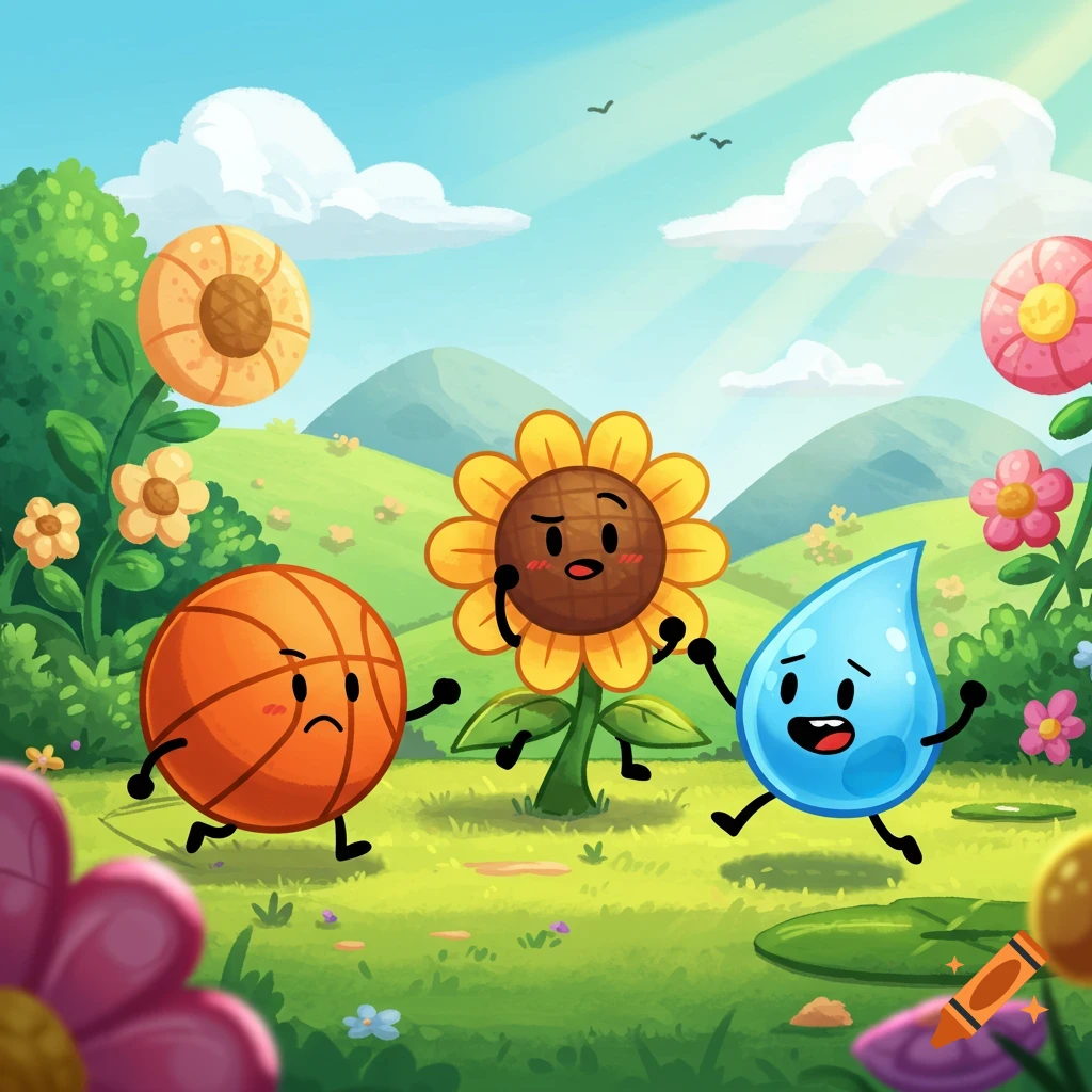 A cheerful cartoon scene with a basketball, sunflower, and water drop character playing in a vibrant green landscape.