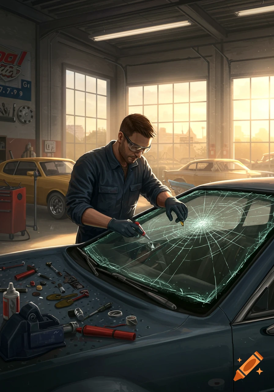 A mechanic wearing safety glasses and gloves repairs a cracked car windshield in a brightly lit garage, surrounded by tools and other vehicles.