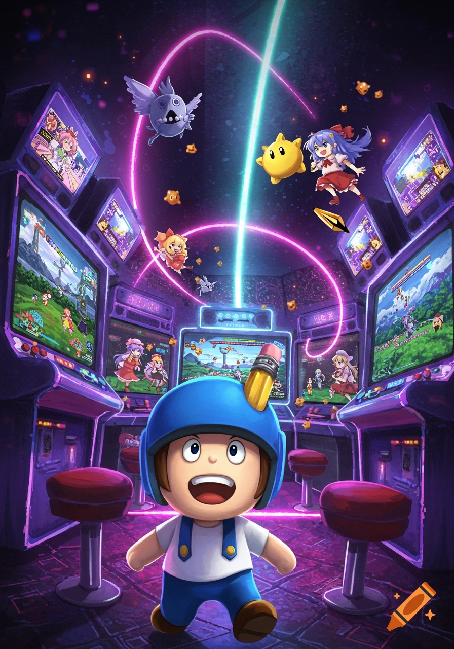 A cartoon character resembling Jeffy in a blue helmet stands in a vibrant arcade with floating anime-style characters and neon lights.