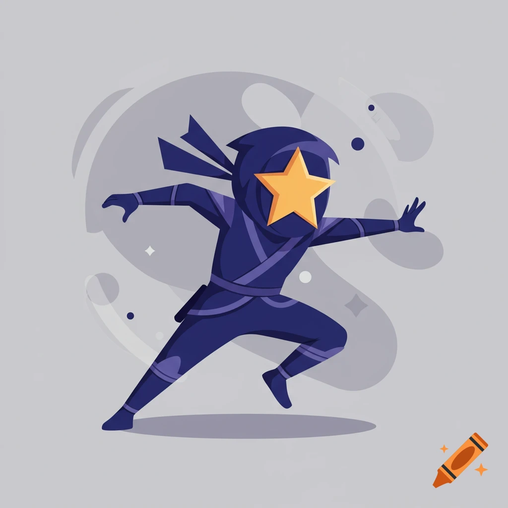 A cartoon ninja with a star for a head, dressed in a dark blue gi, in an action pose against a light grey background with abstract shapes.