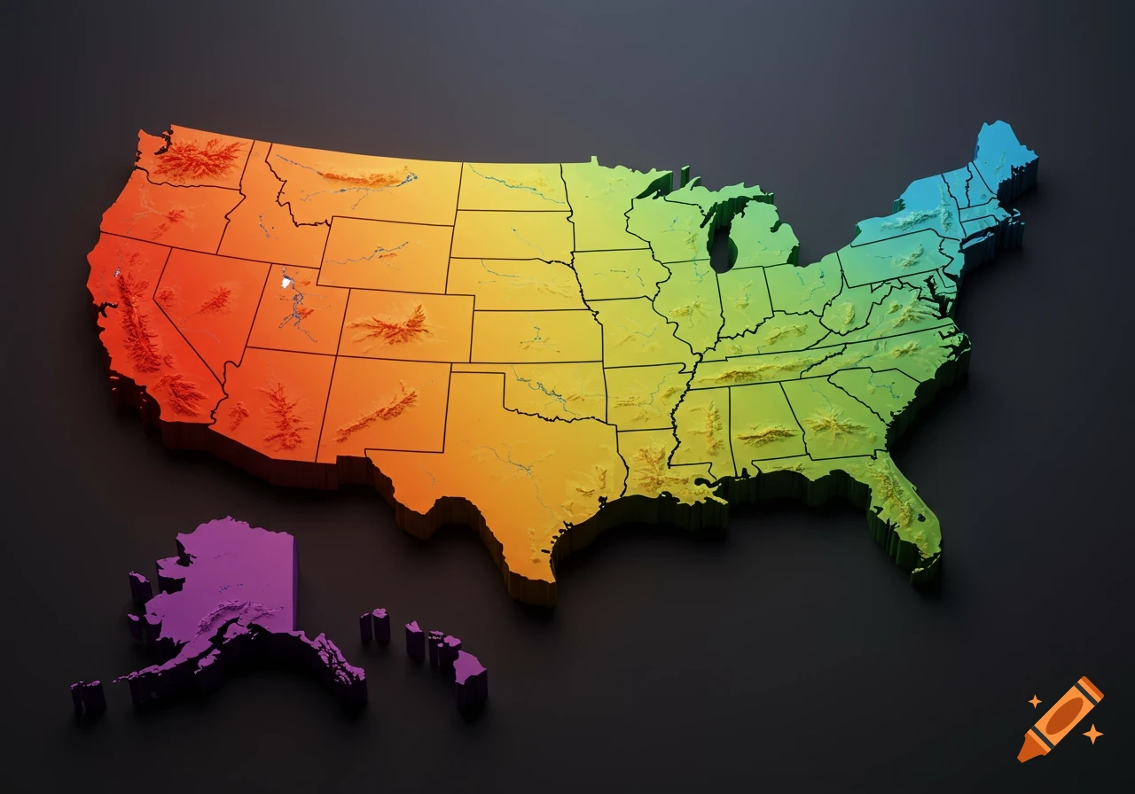 A vibrant 3D map of the USA with states colored in a rainbow gradient from red to green, showing topographic details. Alaska and Hawaii are purple.