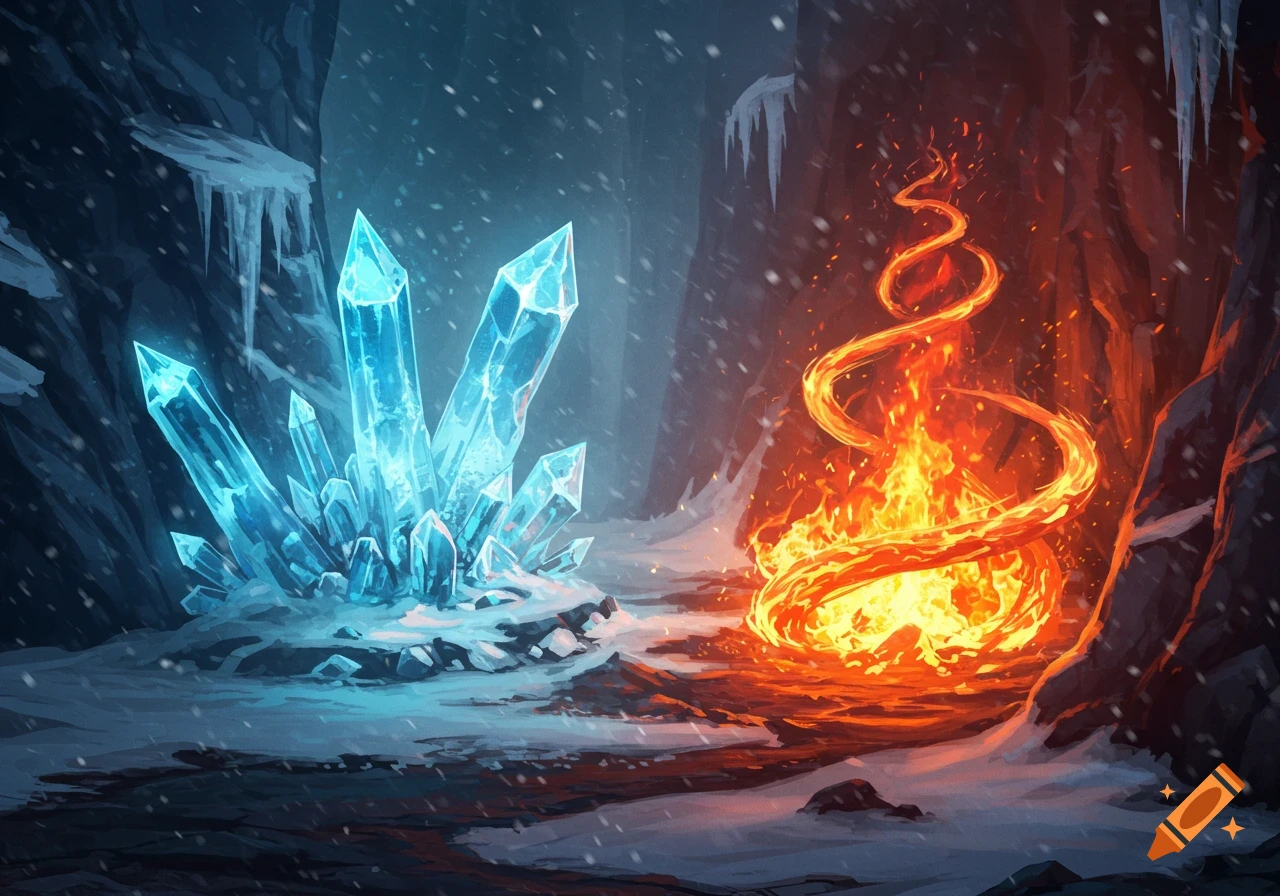 A vivid fantasy landscape depicting a snowy cave with glowing blue ice crystals contrasting with a swirling, fiery blaze.