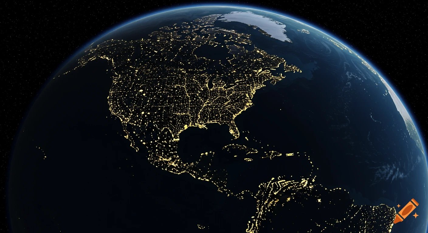 A detailed satellite view of Earth at night, showing North America, Central America, and a portion of South America. The US is brightly lit by city lights, while Canada, Mexico, and South America appear dark.