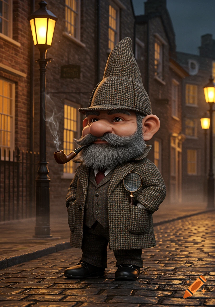 A detailed 3D rendering of a Sherlock Holmes-inspired gnome holding a pipe and magnifying glass on a cobblestone street at night.