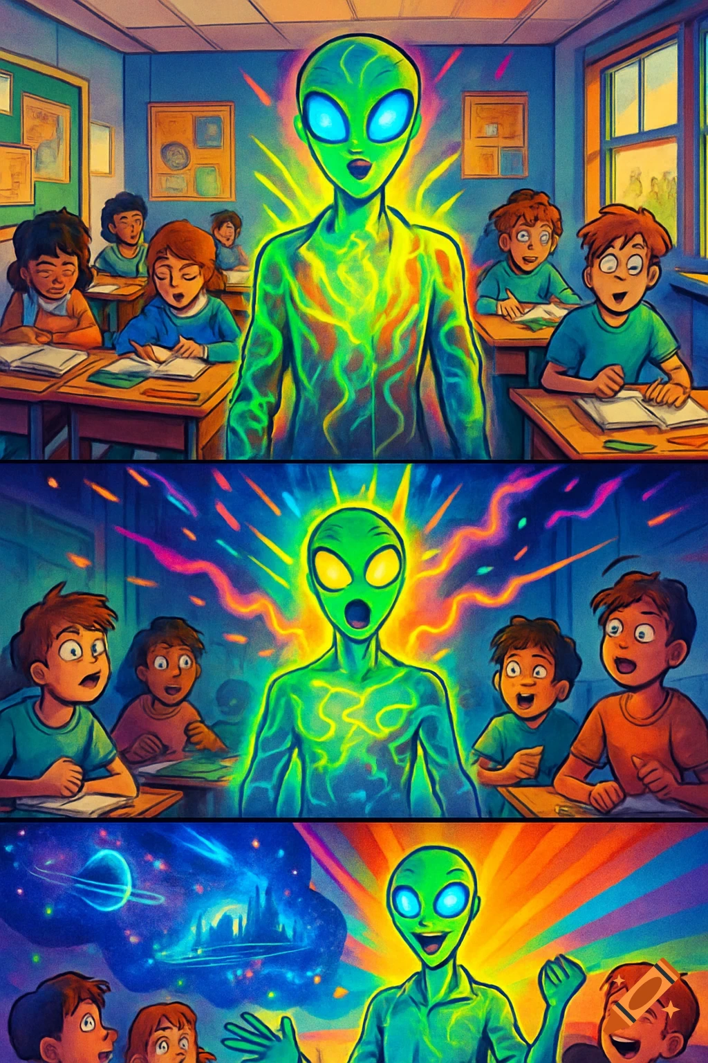 A three-panel graphic novel style image showing a glowing green alien interacting with amazed children in a classroom and a fantastical space scene.