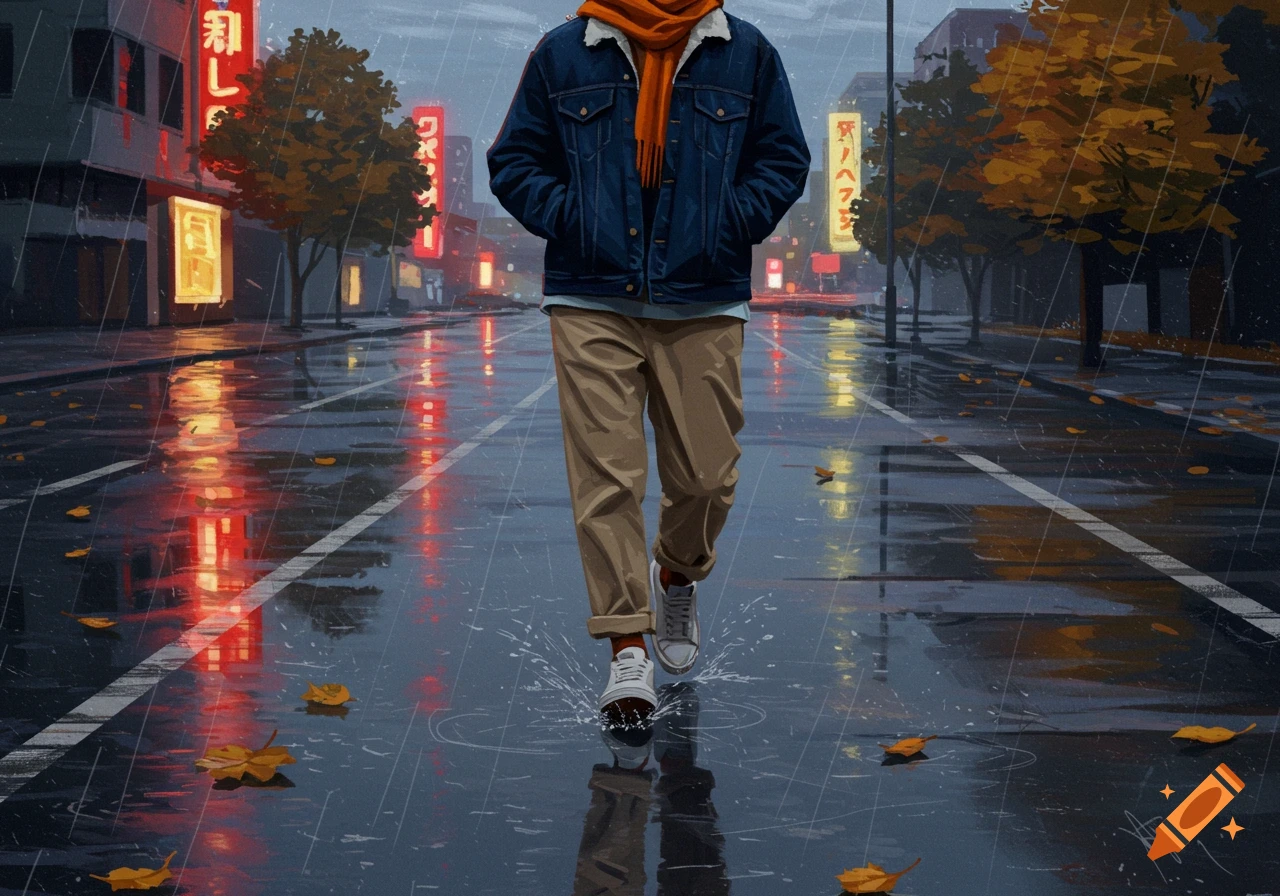 A person in a denim jacket, beige pants, and orange scarf walks on a wet, rainy city street with neon signs and autumn leaves.