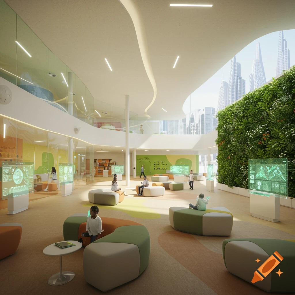 A bright, futuristic school interior with an open layout, a green ...