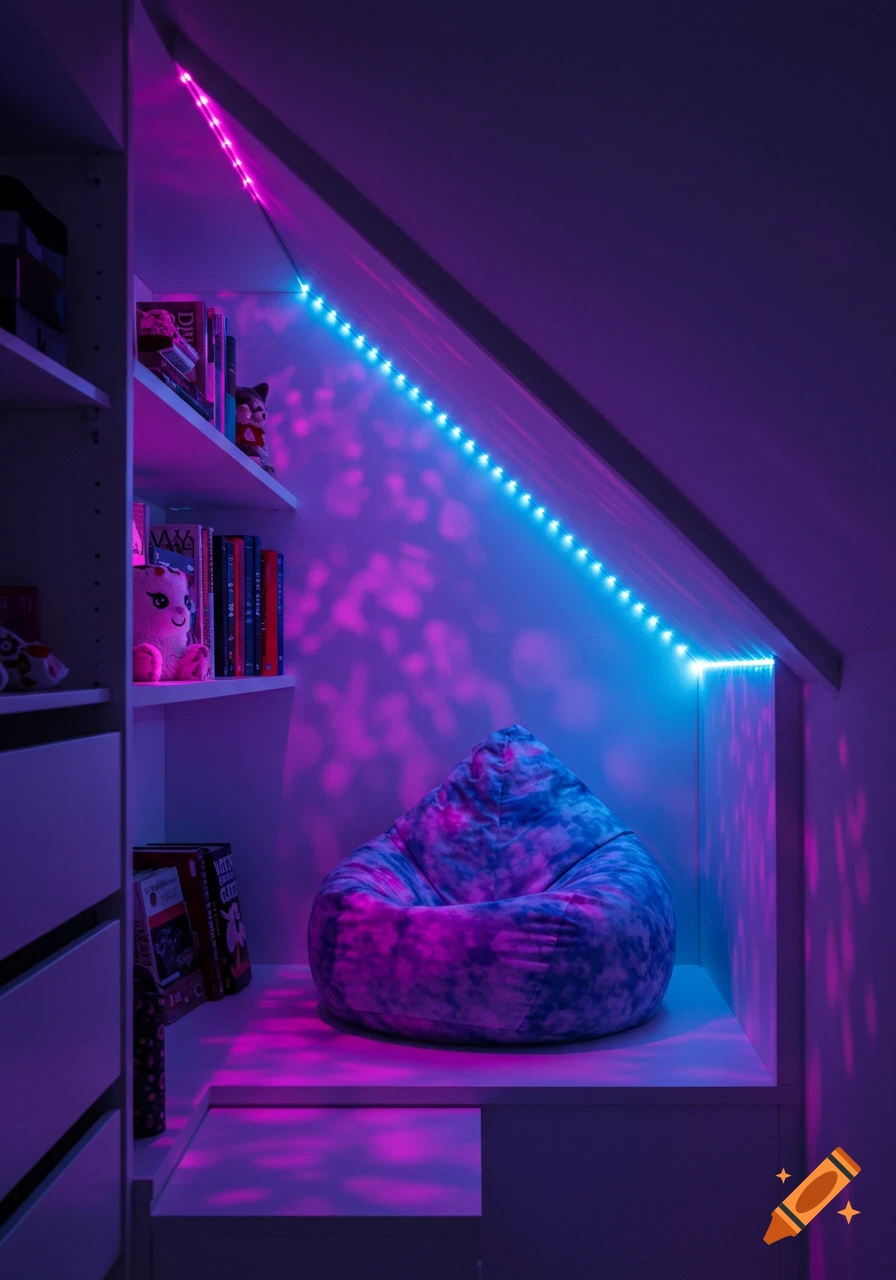 A cozy hideout spot in a closet with a bean bag chair, bookshelves, and purple and blue LED lights under a slanted roof.