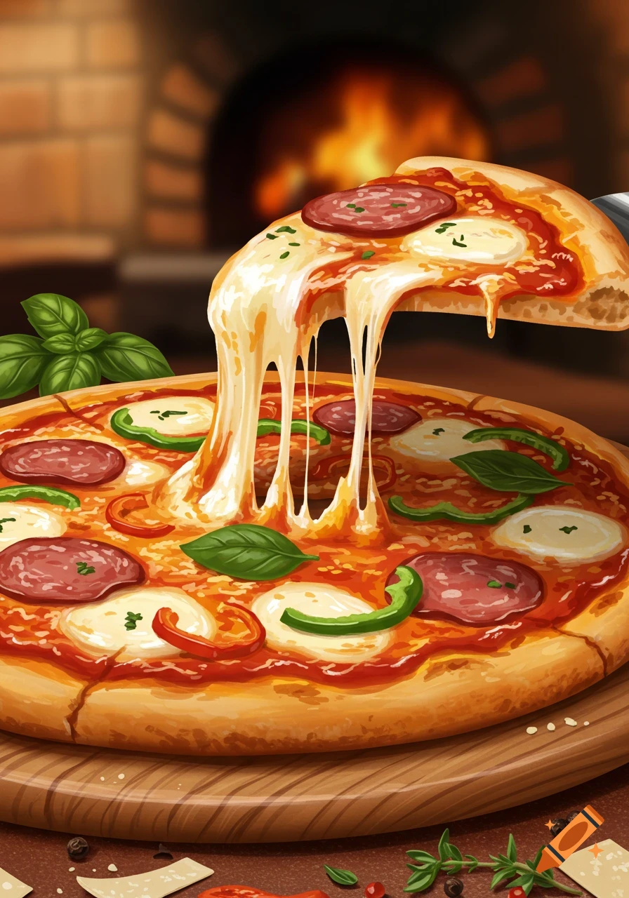 A cheesy slice of pepperoni, mozzarella, and basil pizza being lifted, with a brick oven fire in the background, in an illustrative style.