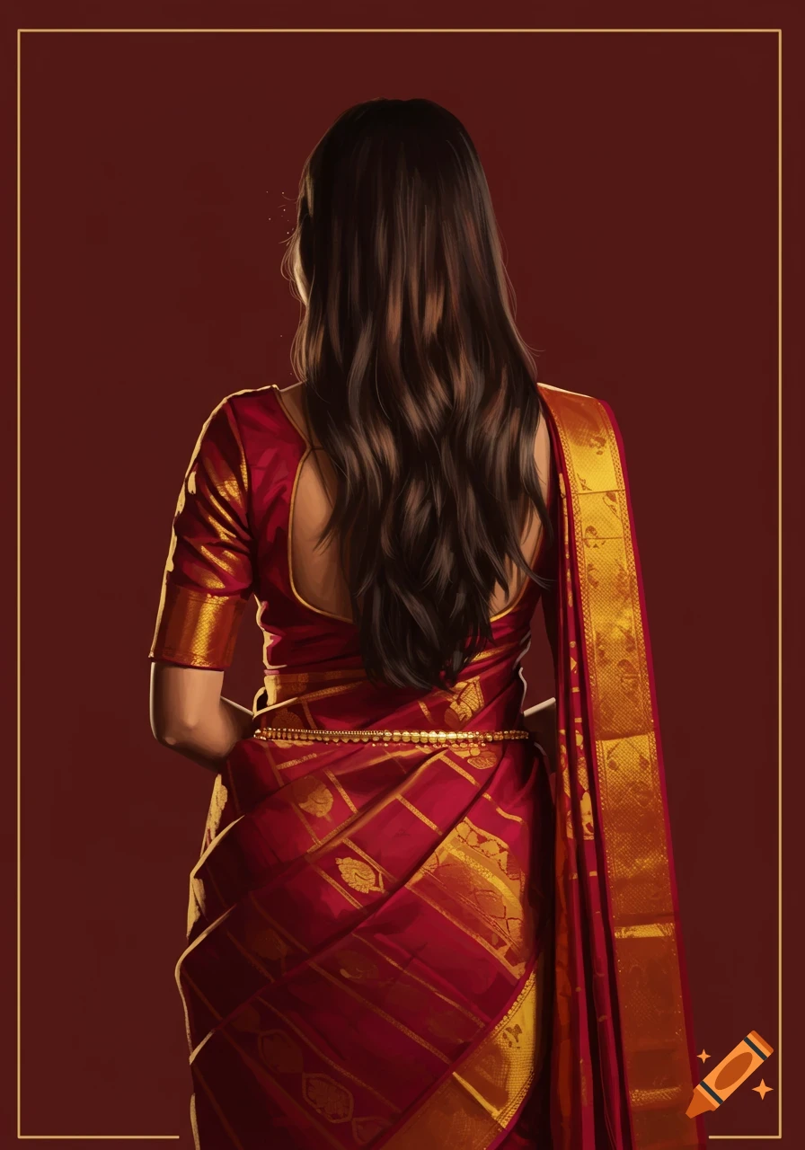 Illustrated portrait of an Indian woman from behind, wearing a vibrant red and gold traditional sari with a gold waist chain, against a dark red background.