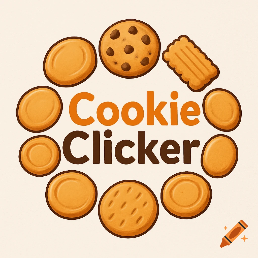 An illustrated logo with various cookies forming a circle around the text 'Cookie Clicker' in orange and brown.