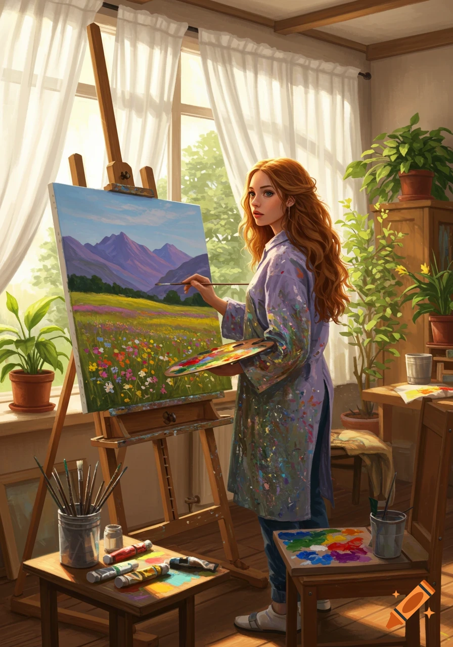 A red-haired woman paints a vibrant landscape on canvas in a sunlit art studio.