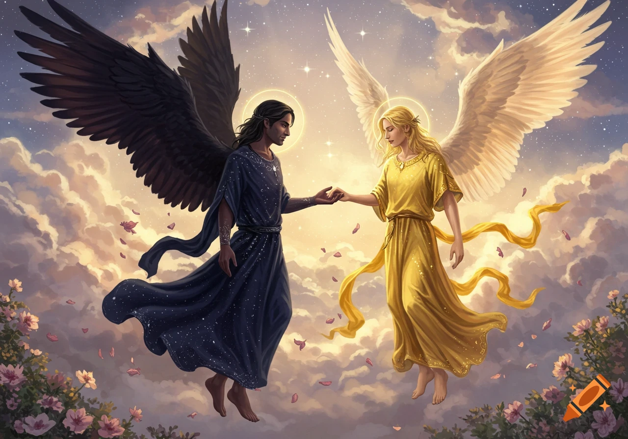 Two angels, one with dark wings and dark robes, one with white wings and golden robes, hold hands in a cloudy, starry sky with flowers.