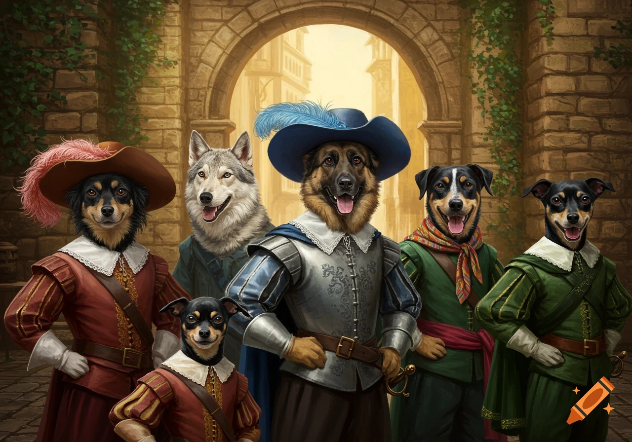 Five dogs, including a German Shepherd and wolf dog, dressed in elaborate Musketeer-style historical costumes, posing under a stone archway.