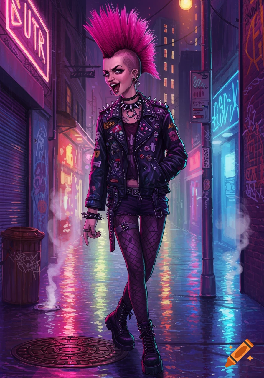 A happy punk woman with a bright pink mohawk and studded leather jacket walks through a neon-lit urban alley at night.