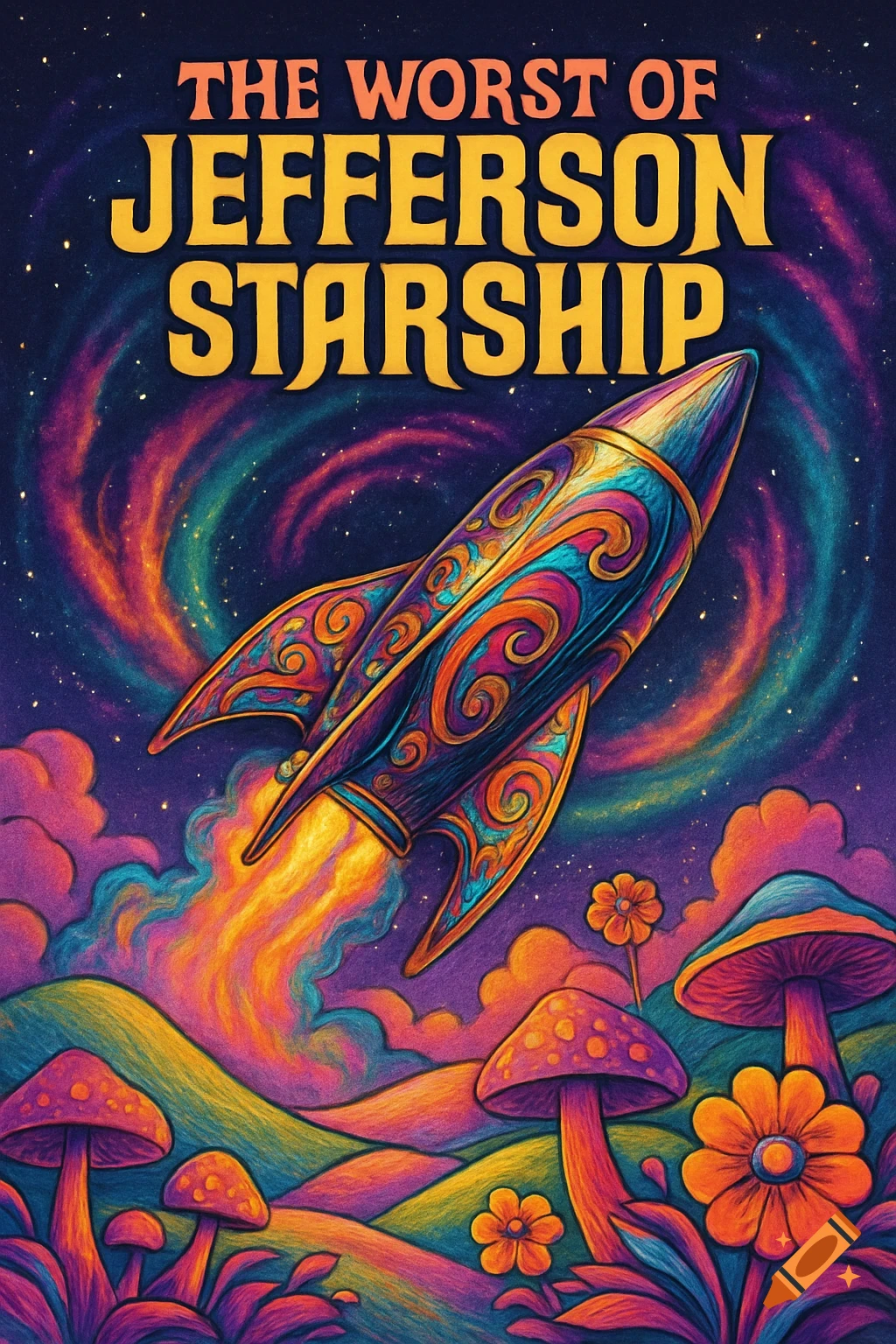 Psychedelic album cover with a colorful rocket launching from a mushroom landscape into a swirling starry sky. Text: 'The Worst of Jefferson Starship'.