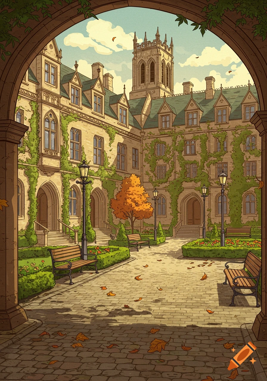 Comic-style illustration of a European university courtyard in autumn, with ivy-covered buildings, benches, and fallen leaves.