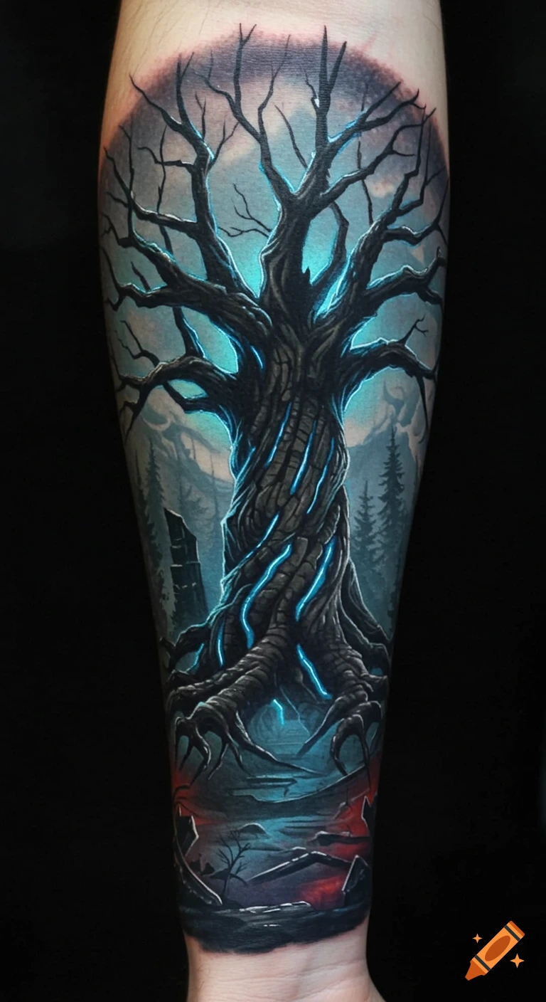 A fantasy tattoo of a gnarled, leafless magical tree with glowing blue veins on a forearm. In the background, a somber forest with ruins.