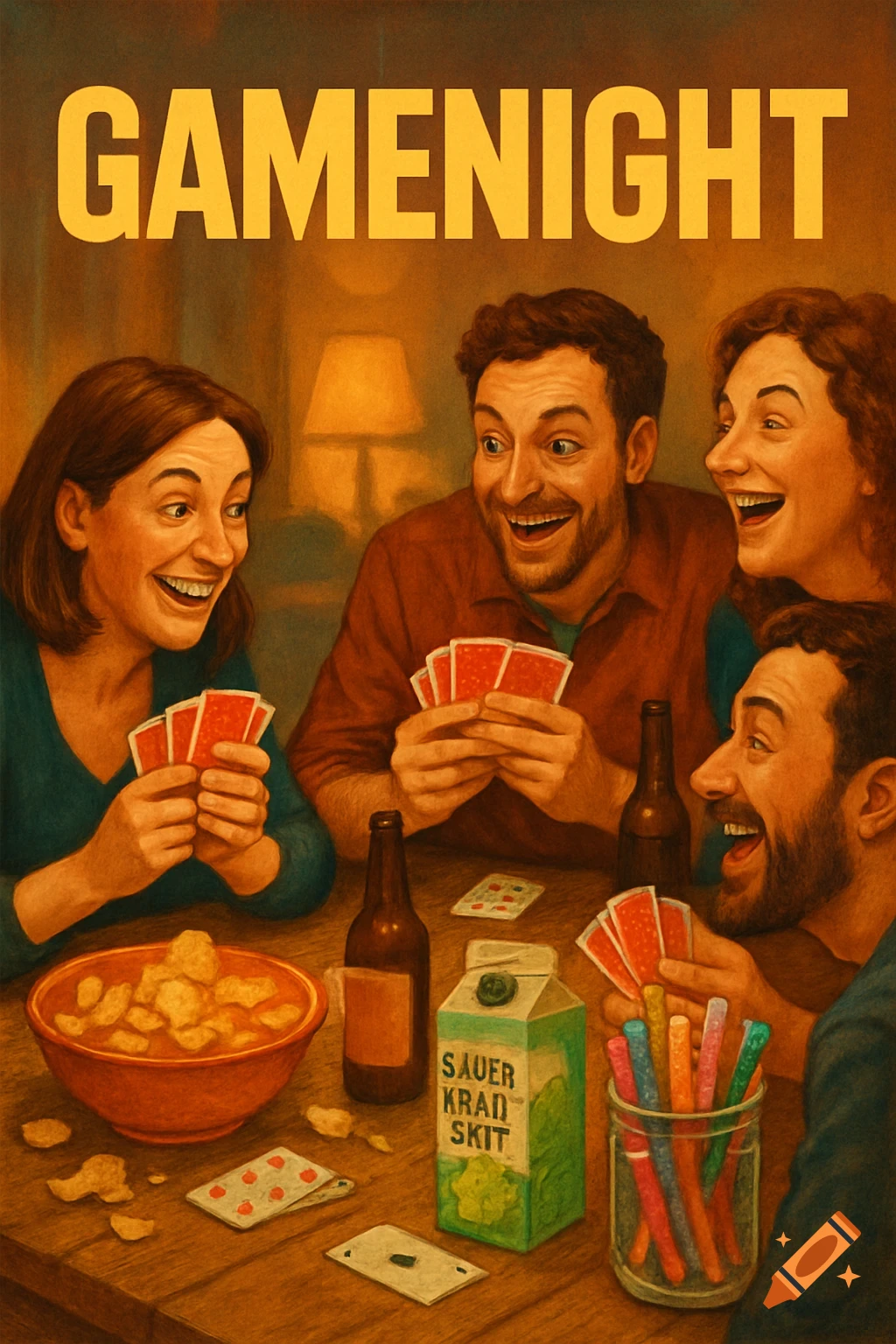 A movie poster style illustration titled "Gamenight," showing four friends laughing and playing cards around a table with snacks and drinks.