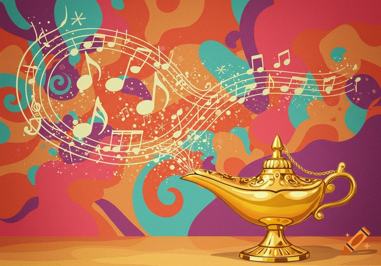A golden genie lamp emits swirling white music notes and staff lines, set against a vibrant, abstract psychedelic backdrop of orange, pink, purple, and teal shapes.