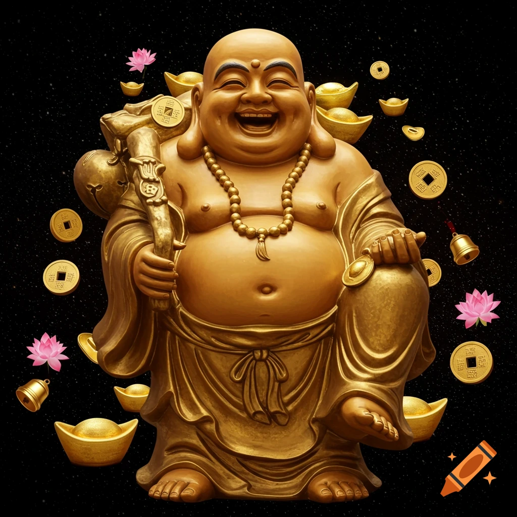 A golden laughing Buddha statue with a beaded necklace, holding a staff and a coin, surrounded by floating gold coins, ingots, lotus flowers, and bells on a dark, speckled background.