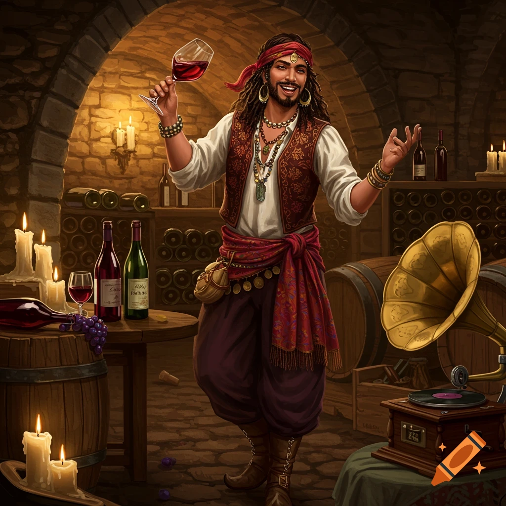 Smiling man in a sommelier-like outfit holds red wine in a candlelit cellar with barrels and a gramophone.