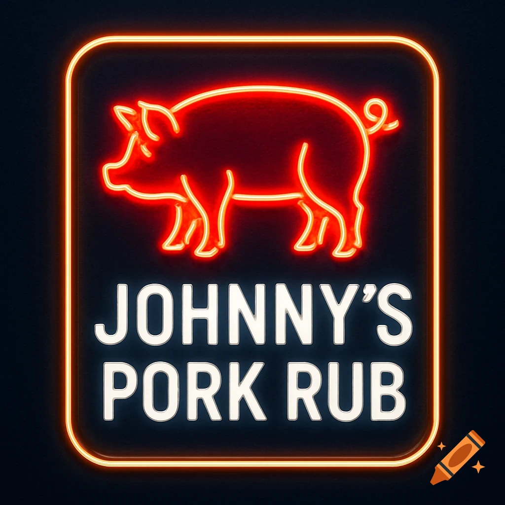 Neon sign for Johnny's Pork Rub featuring a red glowing pig outline and white glowing text on a dark background.