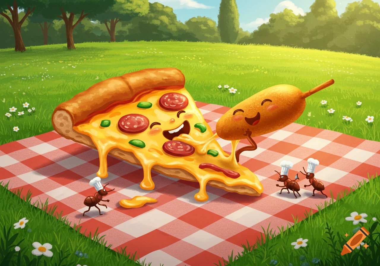 A cartoon pizza slice and corn dog with happy faces share a picnic on a checkered blanket with tiny chef ants in a sunny park.