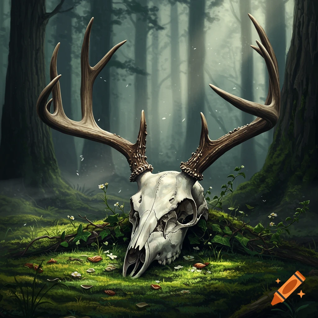 A deer skull with large antlers rests on mossy ground, surrounded by ...