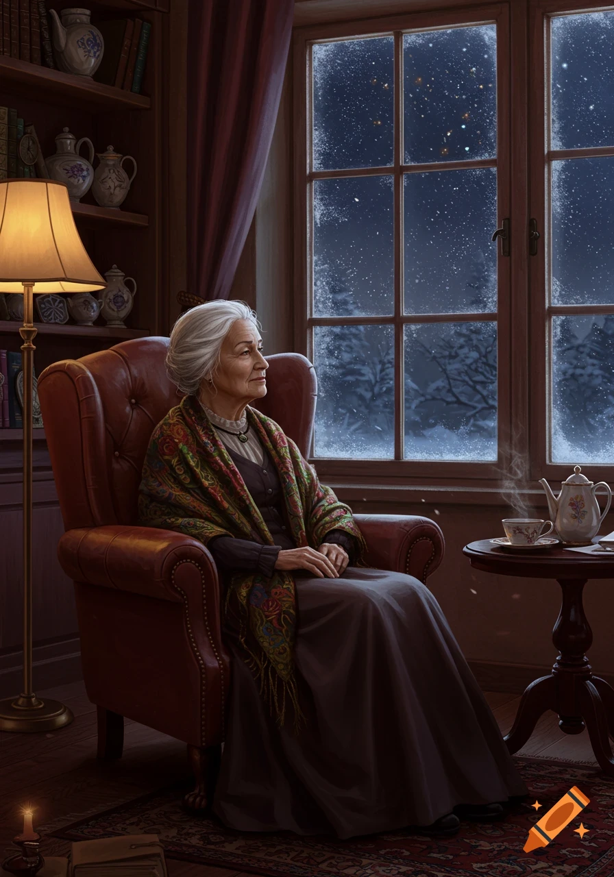 An elderly woman in an armchair gazes out a frosty window at a snowy night, a warm lamp and tea nearby.