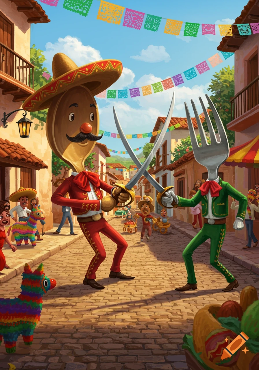 A cartoon spoon in a red charro suit and sombrero fences a fork in a green charro suit in a festive Mexican village decorated with papel picado.