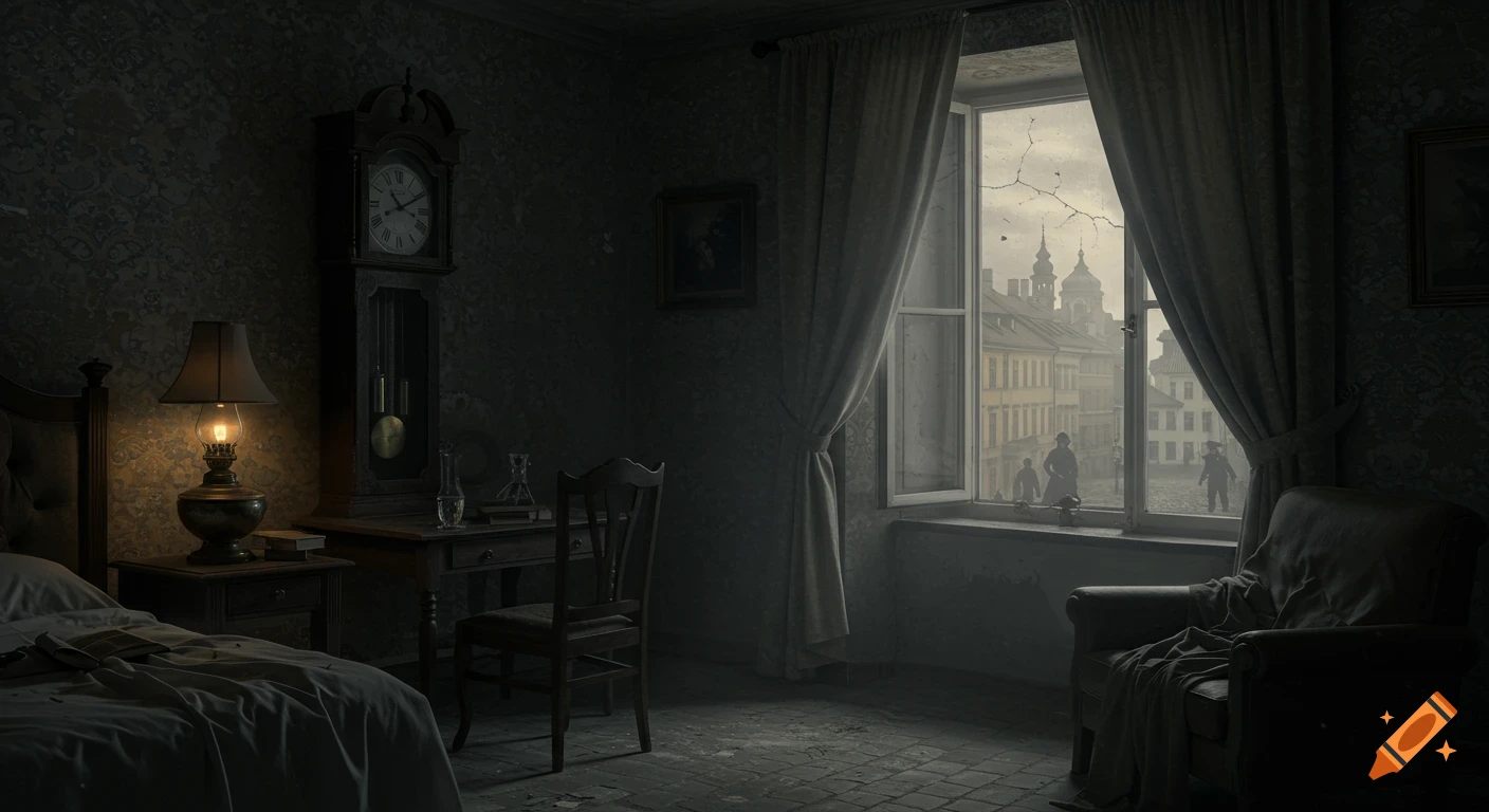 A dimly lit, vintage room with an antique lamp, a grandfather clock, and a window looking out onto a misty, sepia-toned city with silhouetted figures.